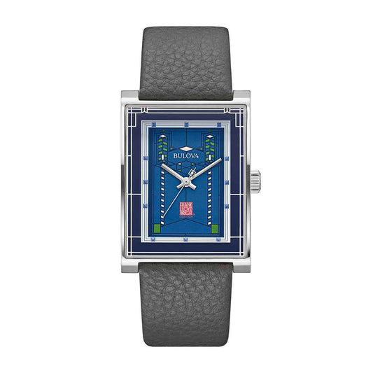 Bulova Frank Lloyd Wright Men's Robie House 1908 Watch with Blue Dial & Gray Leather Strap