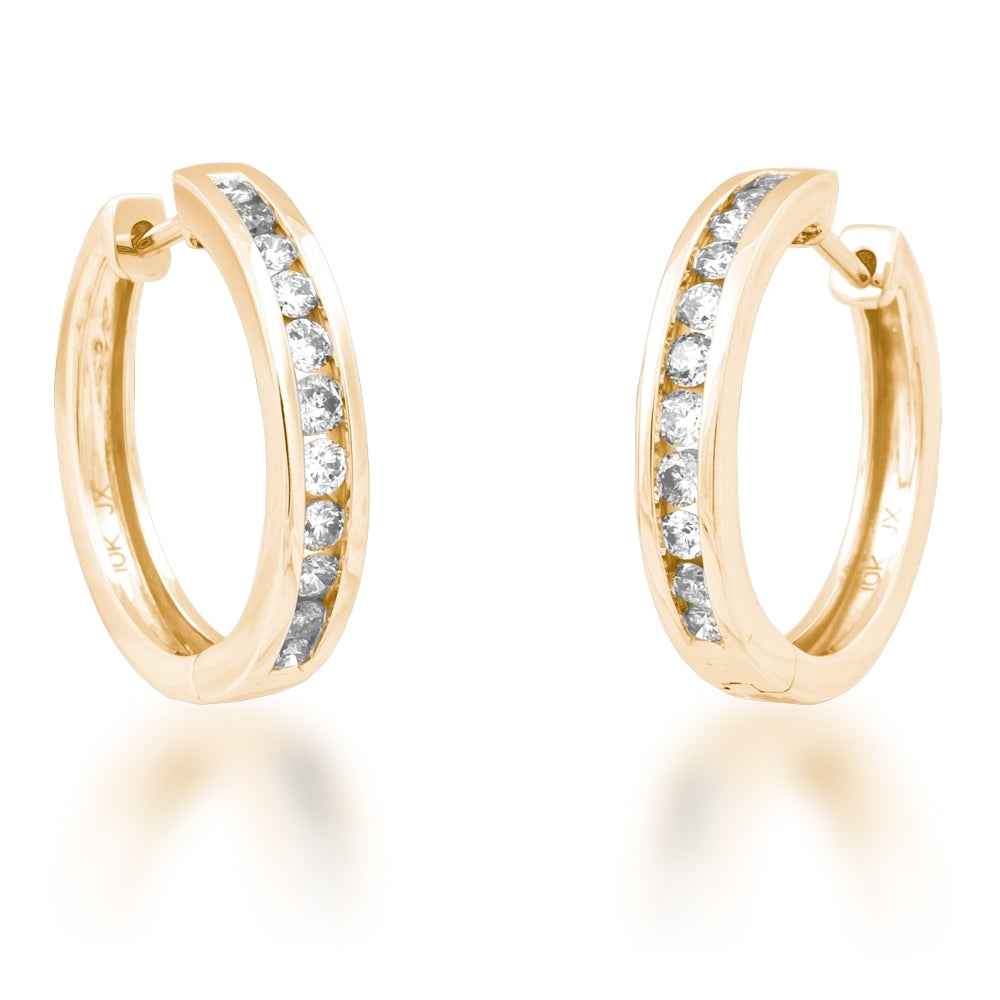 1/2 ct. tw. Round Open Channel Set Diamond Huggie Earrings with Click Backs in 10K Yellow Gold