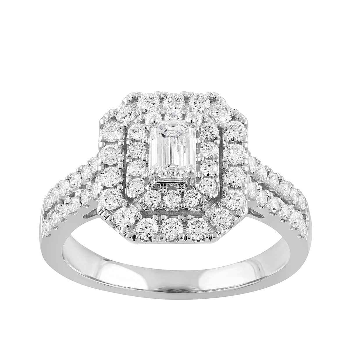 Natural 1 ct. tw. Emerald Cut Diamond Double Halo Engagement Ring in 10K White Gold