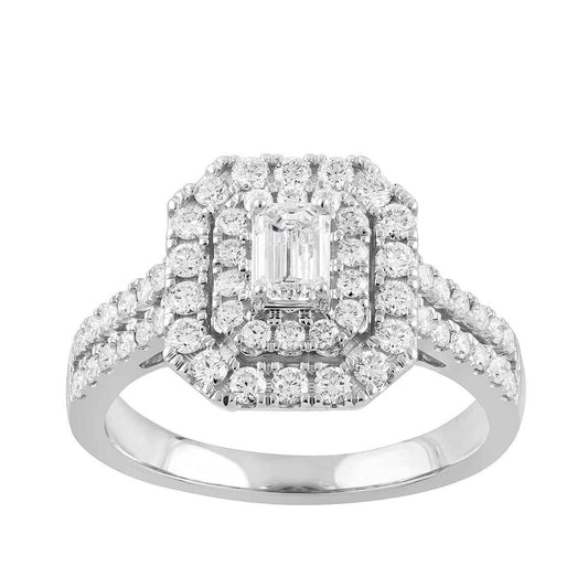 Natural 1 ct. tw. Emerald Cut Diamond Double Halo Engagement Ring in 10K White Gold