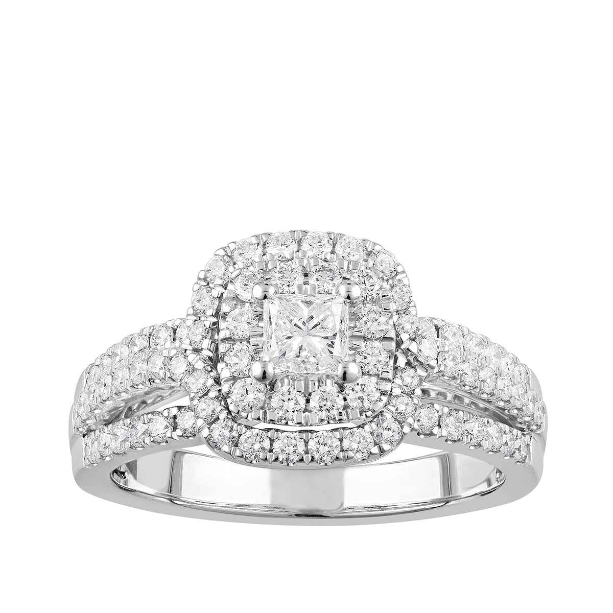 Natural 1 ct. tw. Princess Cut Diamond Double Halo Engagement Ring in 10K White Gold