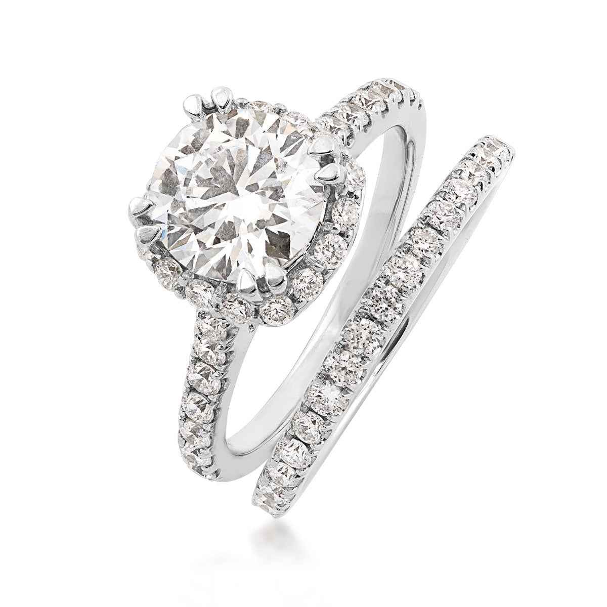 Adamante 2-7/8 ct. tw. Lab-Grown Round Brilliant Diamond Halo Wedding Set in 14K White Gold close-up detail