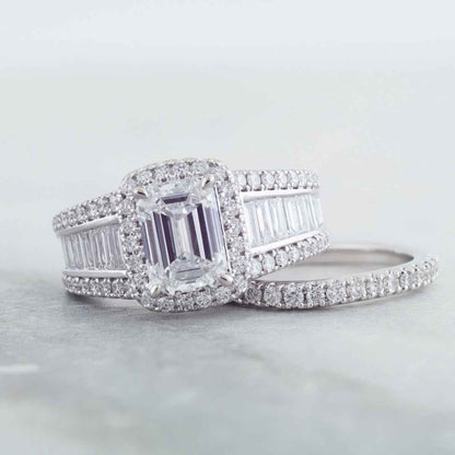 Adamante 3-5/8 ct. tw. Lab-Grown Emerald Cut Diamond Halo Wedding Set in 14K White Gold front view