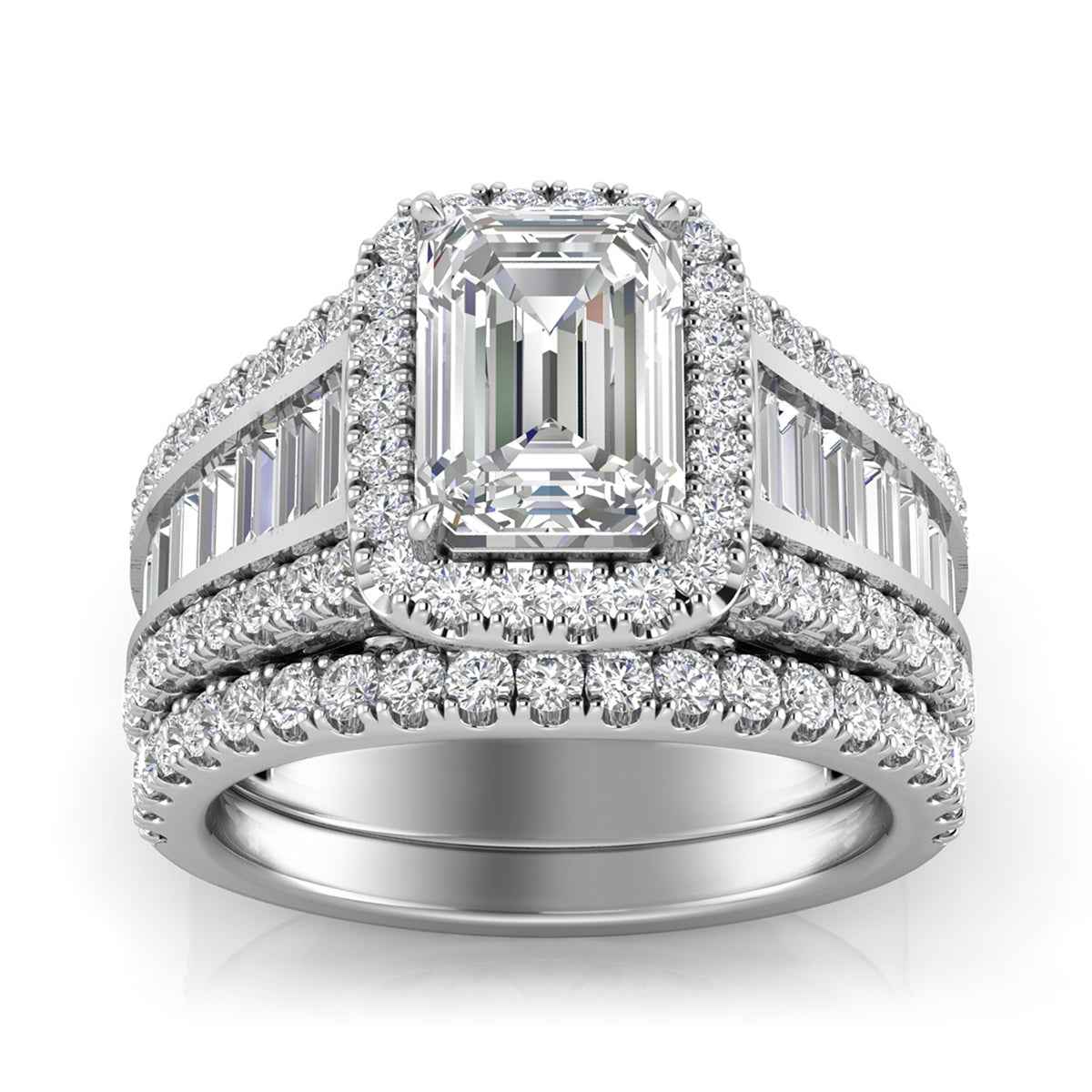 Adamante 3-5/8 ct. tw. Lab-Grown Emerald Cut Diamond Halo Wedding Set in 14K White Gold