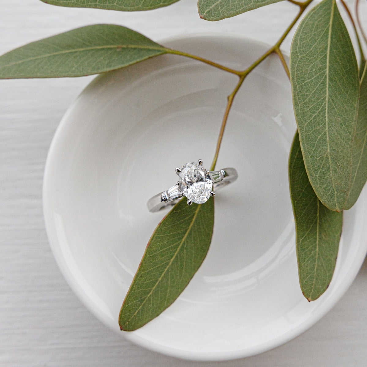 Adamante 1-3/4 ct. tw. Lab-Grown Oval & Baguette Diamond Engagement Ring in 14K White Gold angled view