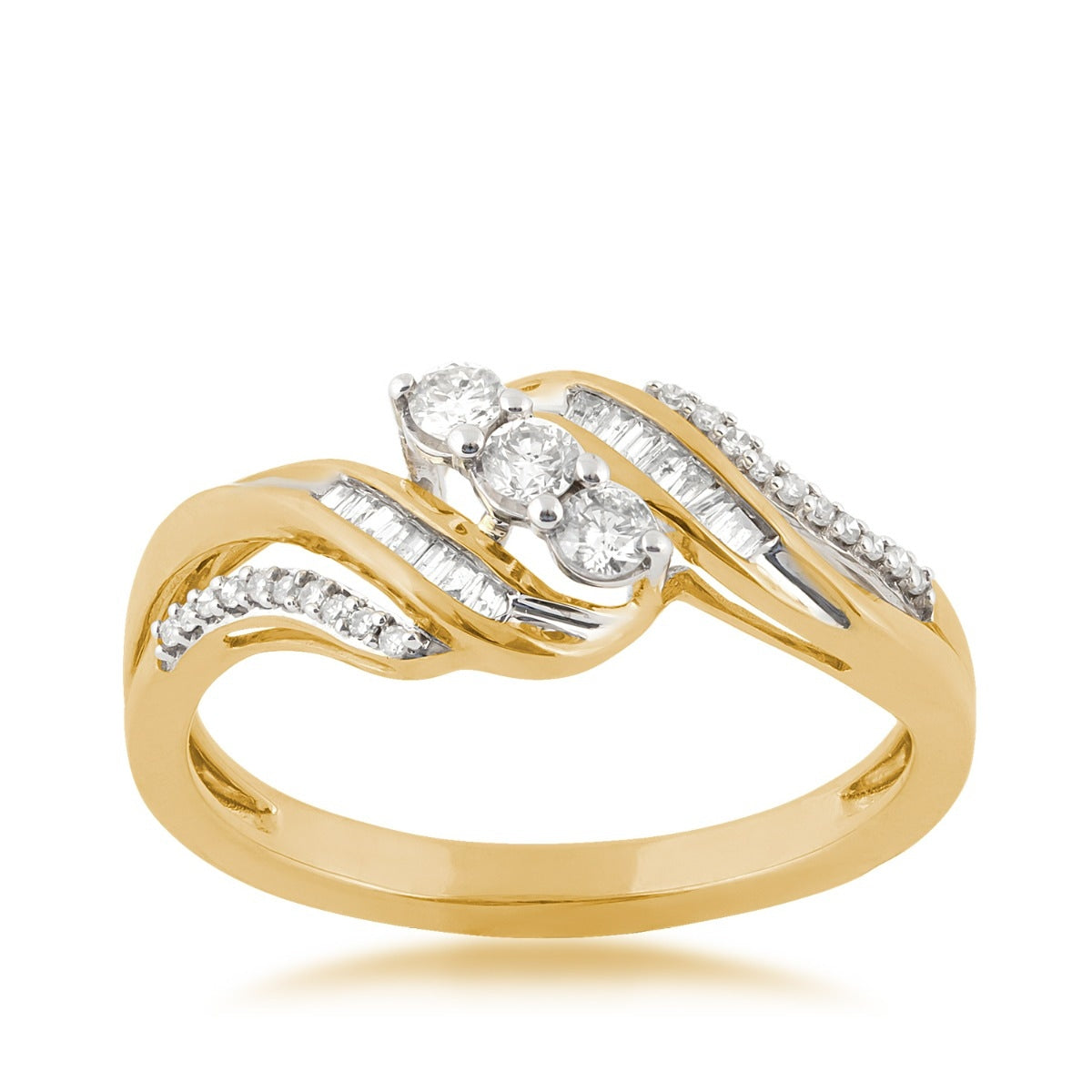 3-Stone 1/4 ct. tw. Round & Baguette Diamond Bypass Ring in 10K Yellow Gold