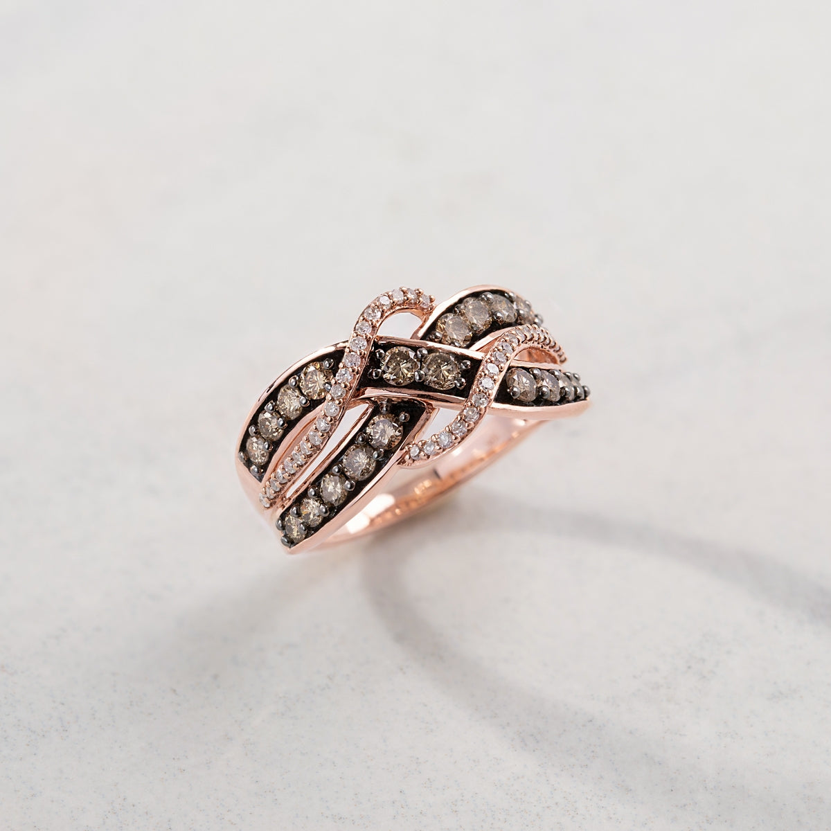 Mocha Collection 1 ct. tw. Round Mocha & White Diamond Crossover Ring with Black Rhodium Plated Accents in close-up detail
