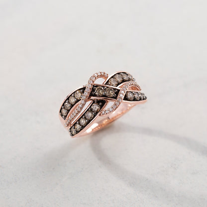 Mocha Collection 1 ct. tw. Round Mocha & White Diamond Crossover Ring with Black Rhodium Plated Accents in close-up detail