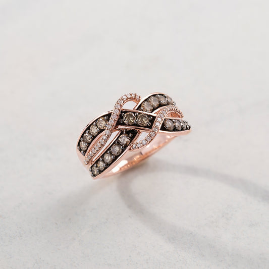 Mocha Collection 1 ct. tw. Round Mocha & White Diamond Crossover Ring with Black Rhodium Plated Accents in close-up detail