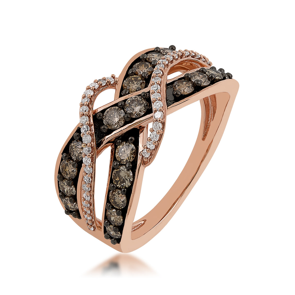 Mocha Collection 1 ct. tw. Round Mocha & White Diamond Crossover Ring with Black Rhodium Plated Accents in 10K front view