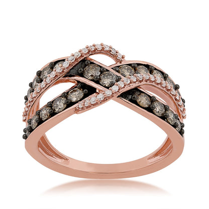 Mocha Collection 1 ct. tw. Round Mocha & White Diamond Crossover Ring with Black Rhodium Plated Accents in 10K Pink Gold