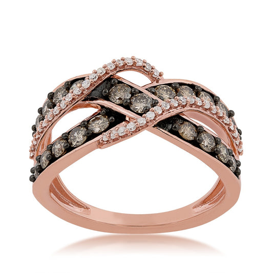 Mocha Collection 1 ct. tw. Round Mocha & White Diamond Crossover Ring with Black Rhodium Plated Accents in 10K Pink Gold