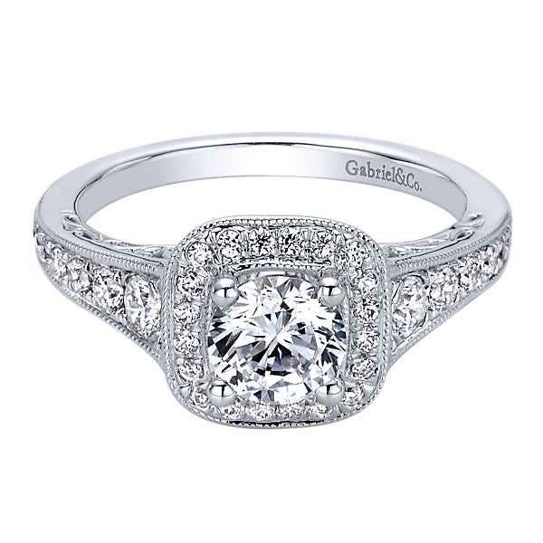 Gabriel & Co. 1/2 ct. tw. Semi-Mount Halo Vintage-Style Engagement Ring with Side Filigree Detailing and Milgrain Edging