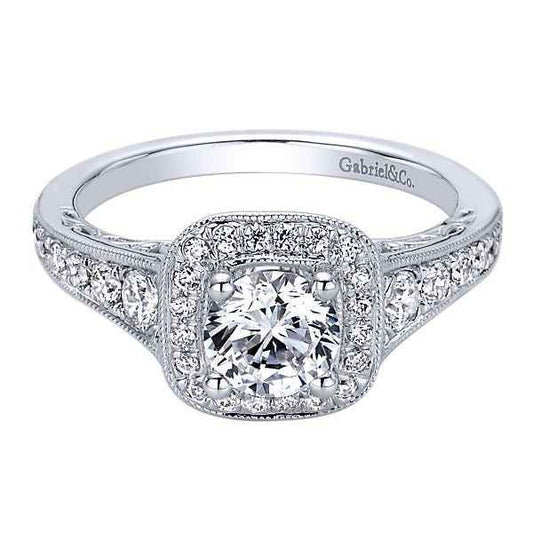 Gabriel & Co. 1/2 ct. tw. Semi-Mount Halo Vintage-Style Engagement Ring with Side Filigree Detailing and Milgrain Edging