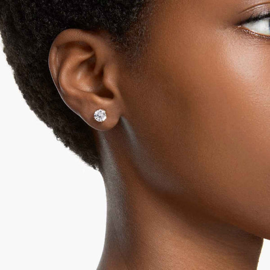 Swarovski Constella Round White Crystal Stud Earrings in Yellow Gold-Tone Plating front view