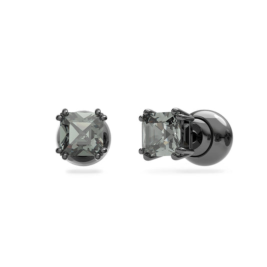 Swarovski Gray Square Millenia Crystal Earrings in Black Rhodium Plating