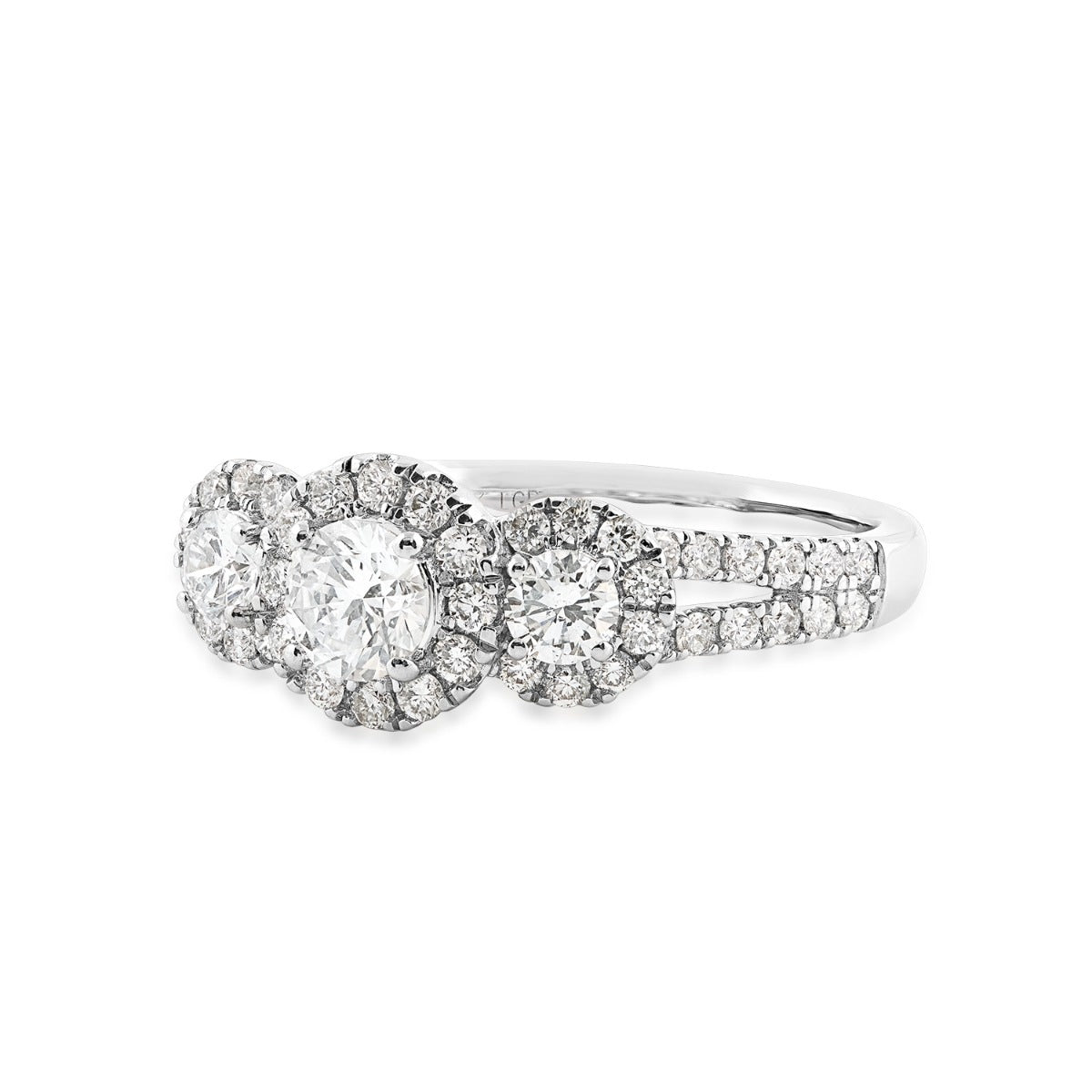 Adamante 1-1/4 ct. tw. Lab-Grown 3-Stone Round Diamond Halo Ring in 14K White Gold close-up detail