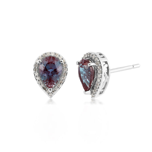 Created Pear Alexandrite & 1/8 ct. tw. Diamond Halo Earrings in 10K White Gold