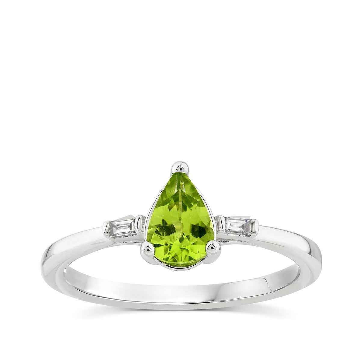 Pear Peridot & Baguette Diamond Accent Ring in 10K White Gold