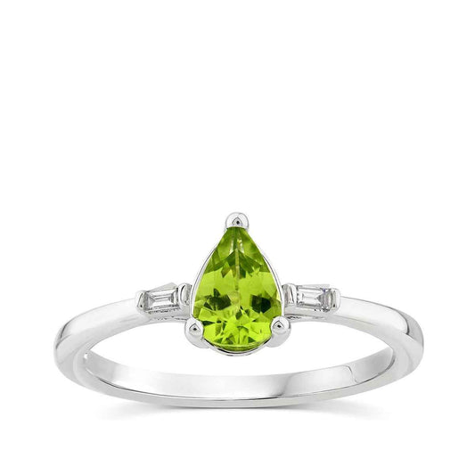 Pear Peridot & Baguette Diamond Accent Ring in 10K White Gold