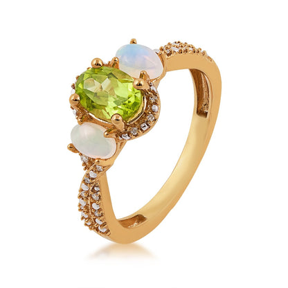 Oval Peridot, Opal & Diamond Accent Twist Shank Ring in 10K Yellow Gold front view