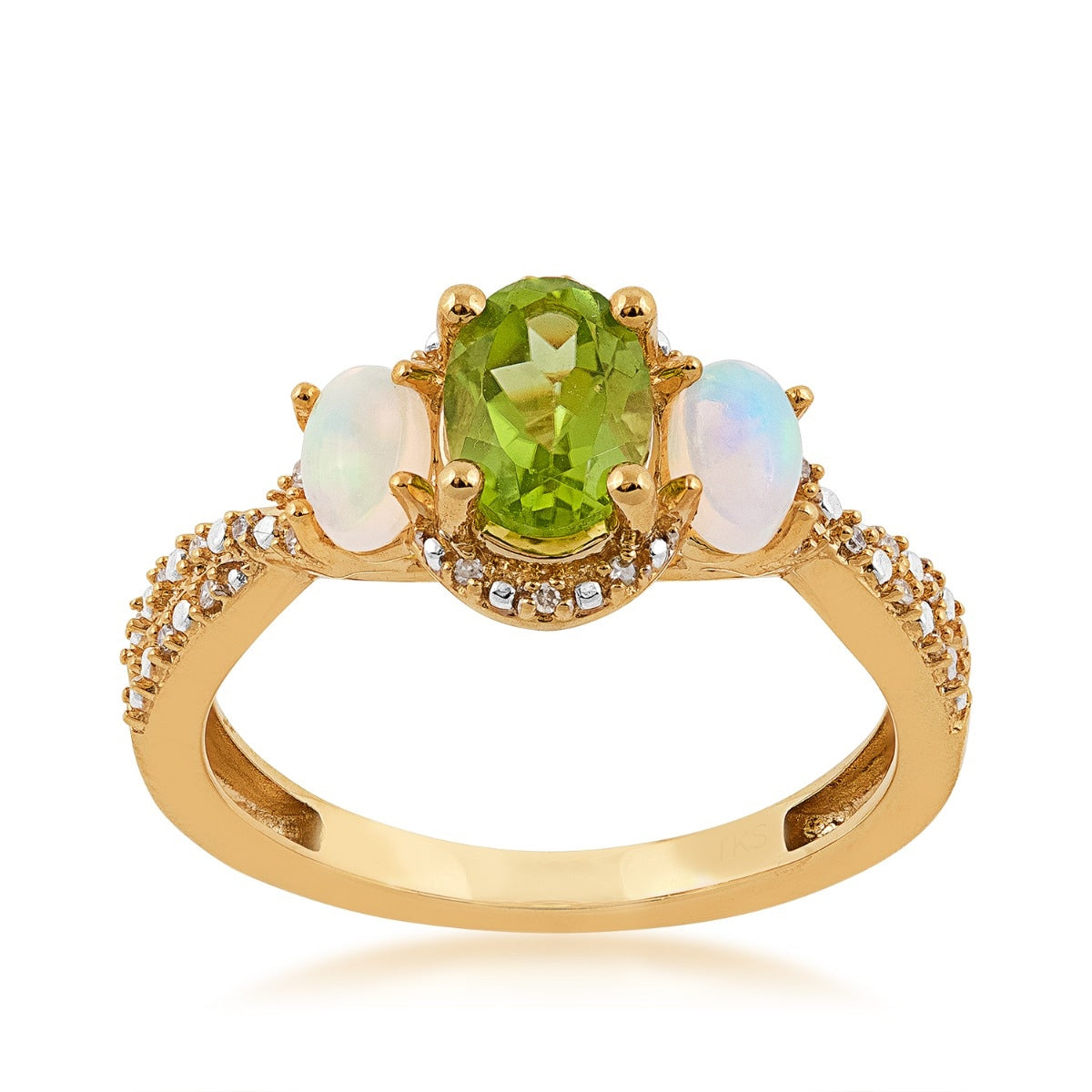 Oval Peridot, Opal & Diamond Accent Twist Shank Ring in 10K Yellow Gold