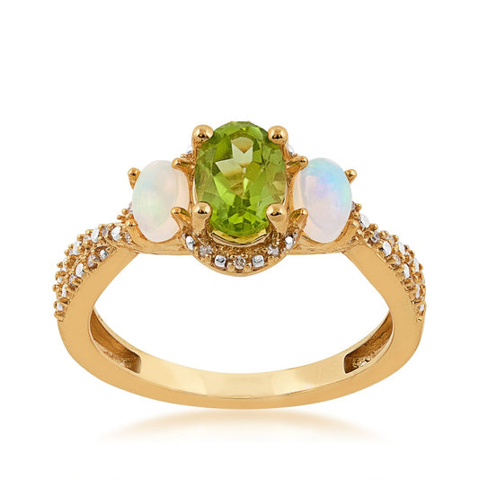 Oval Peridot, Opal & Diamond Accent Twist Shank Ring in 10K Yellow Gold