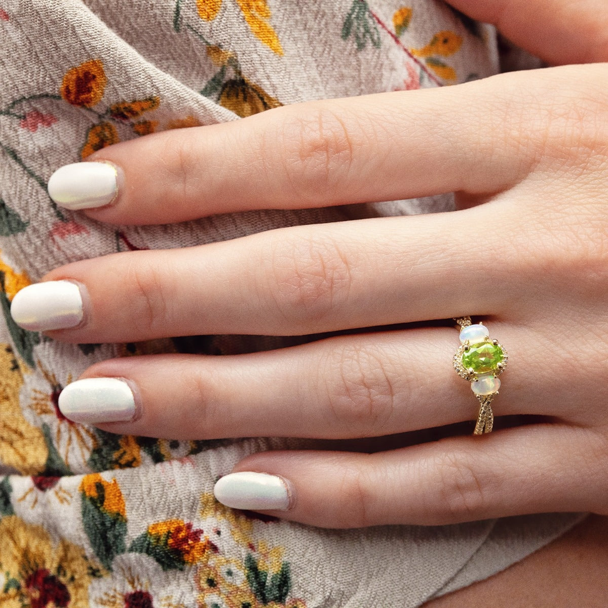 Oval Peridot, Opal & Diamond Accent Twist Shank Ring in 10K Yellow Gold side profile