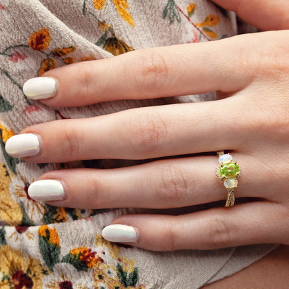 Oval Peridot, Opal & Diamond Accent Twist Shank Ring in 10K Yellow Gold side profile