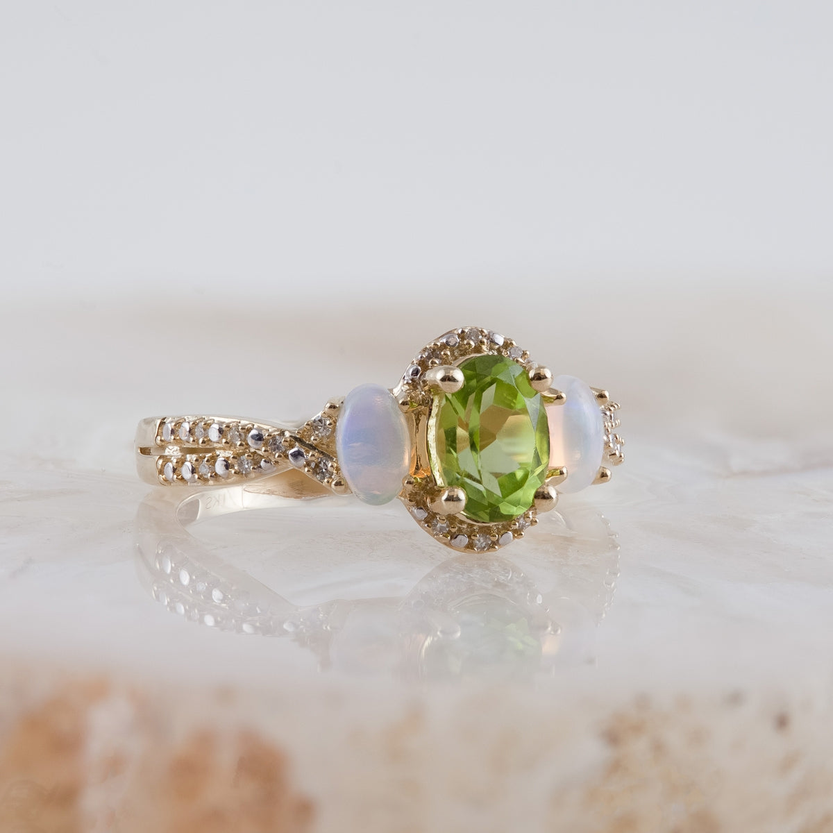 Oval Peridot, Opal & Diamond Accent Twist Shank Ring in 10K Yellow Gold close-up detail