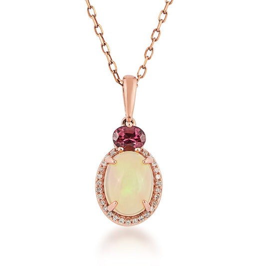 Oval Opal, Garnet & Diamond Halo Pendant in 10K Pink Gold