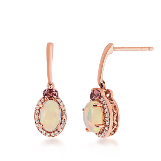 Oval Opal, Garnet & Diamond Halo Drop Earrings in 10K Pink Gold