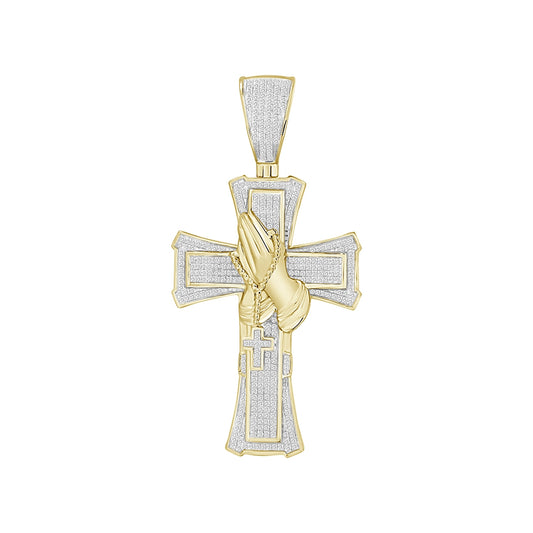 1 ct. tw. Diamond Cross Pendant with Praying Hands in 10K Yellow Gold