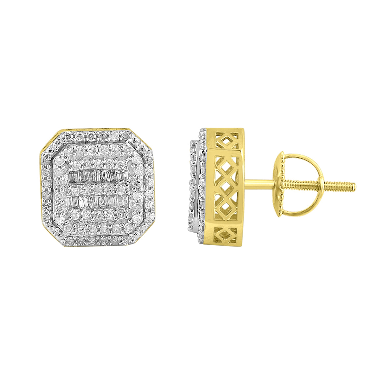 1/2 ct. tw. Men's Round & Baguette Diamond Cluster Earrings in 10K Yellow Gold