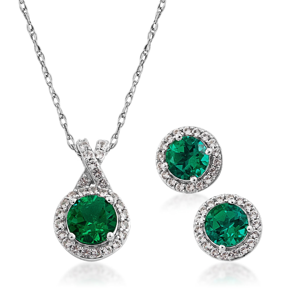 Created Round Emerald & White Sapphire Halo Pendant & Earring Set in Sterling Silver
