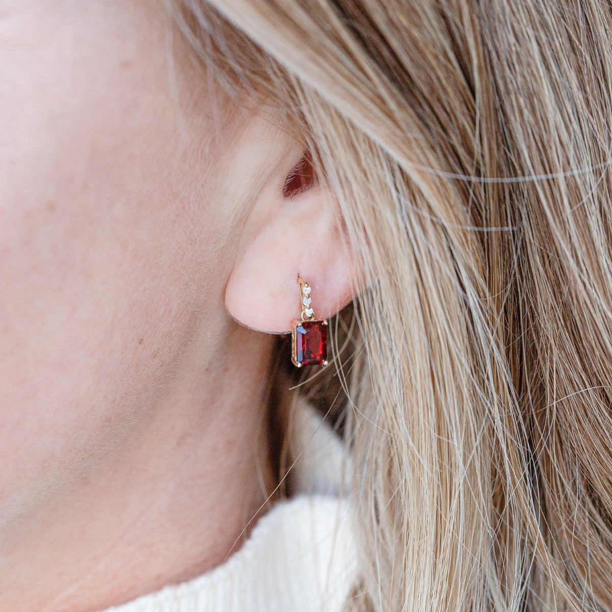 Emerald Cut Garnet & Diamond Accent Drop Earrings in 10K Yellow Gold front view