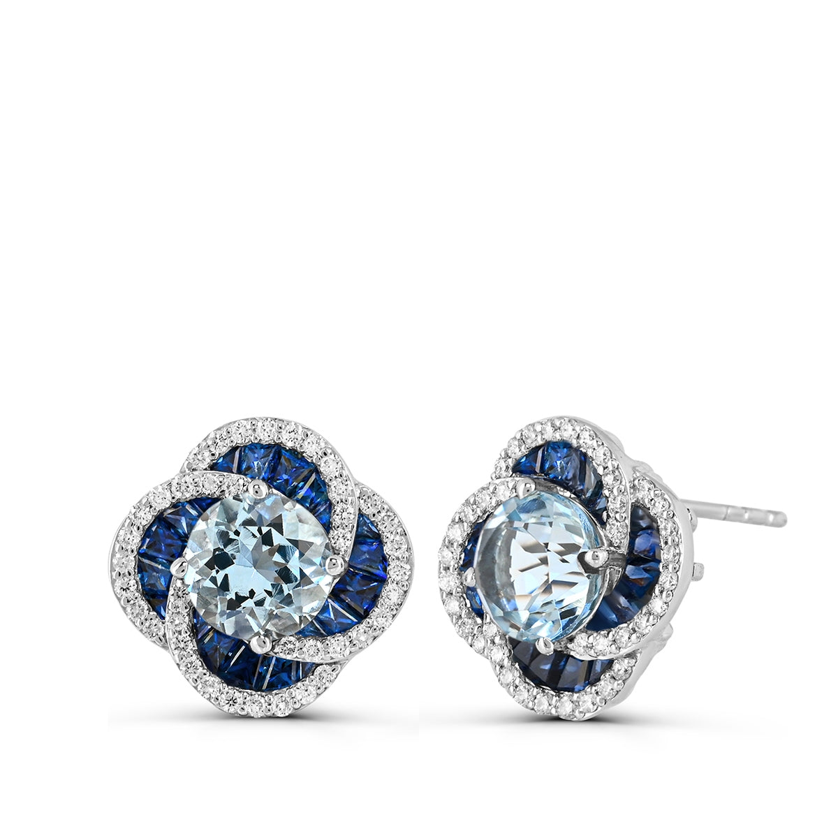 Round Aquamarine, Sapphire & 1/4 ct. tw. Diamond Floral Earrings in 14K White Gold