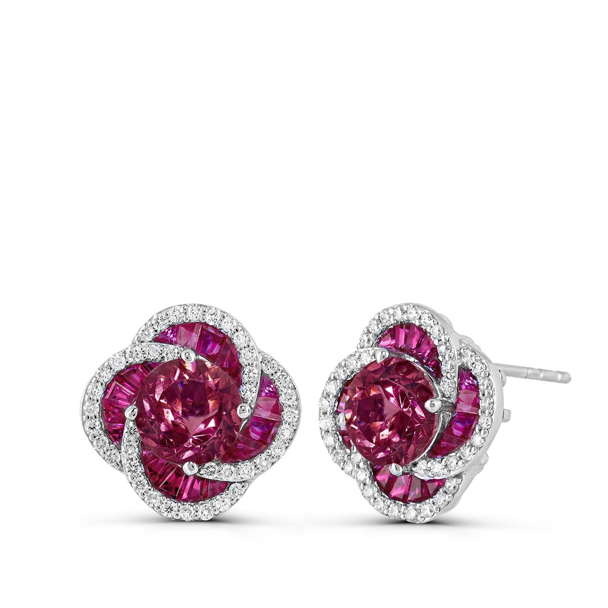 Round Pink Tourmaline, Ruby & 1/4 ct. tw. Diamond Floral Earrings in 14K White Gold
