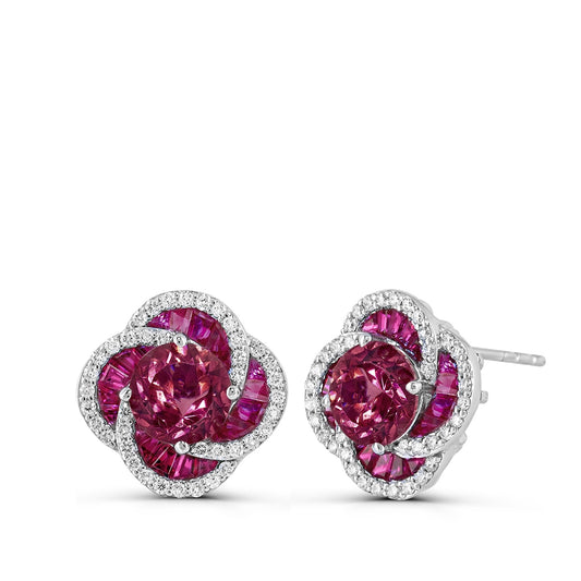 Round Pink Tourmaline, Ruby & 1/4 ct. tw. Diamond Floral Earrings in 14K White Gold