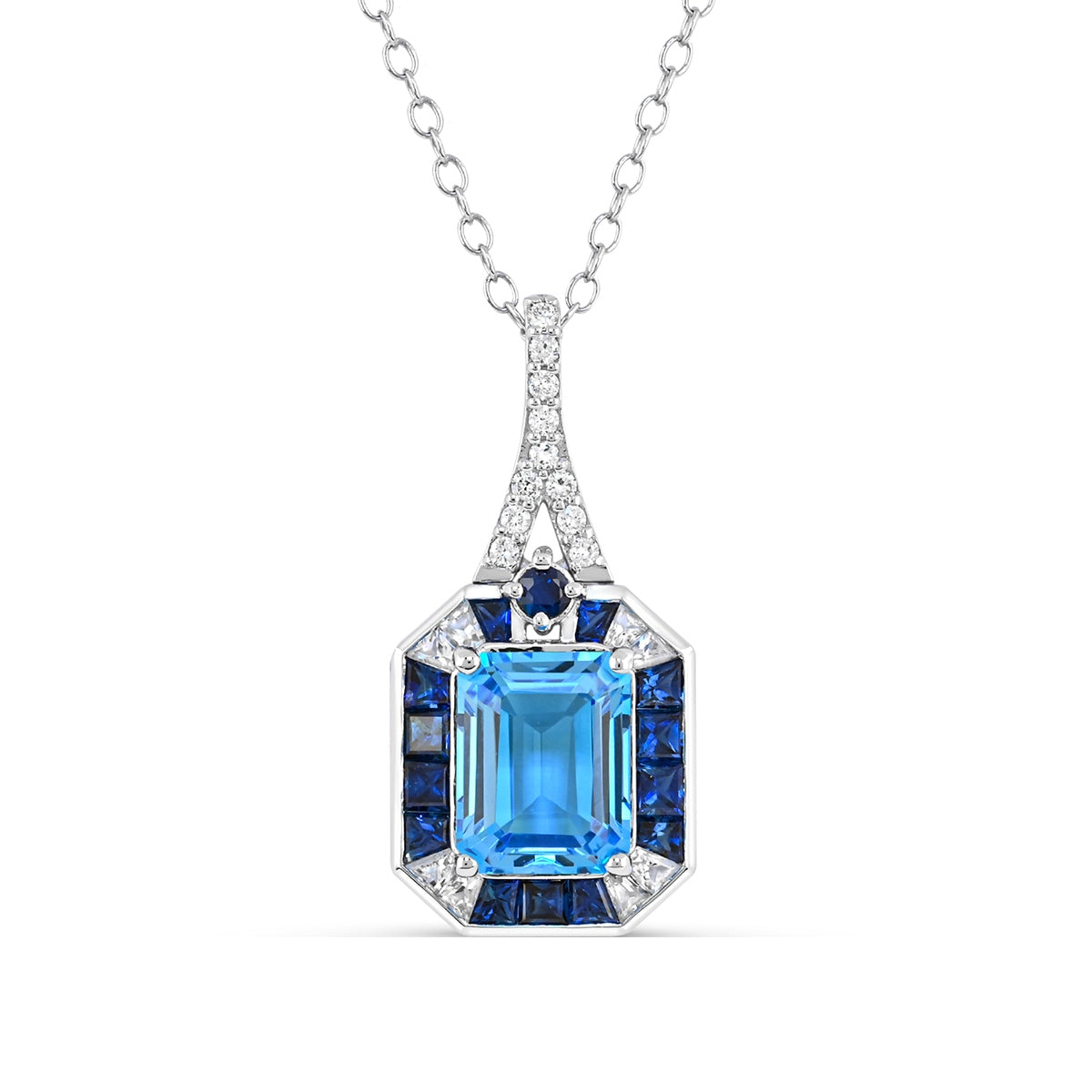Emerald Cut Swiss Blue Topaz, Sapphire & 1/10 ct. tw. Diamond Pendant in 14K White Gold