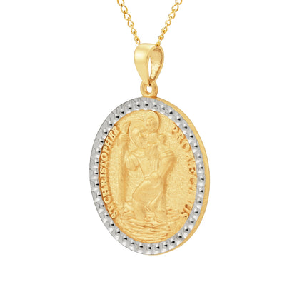 Saint Christopher Medal Pendant with Rhodium Plated Edge in 10K Yellow Gold front view