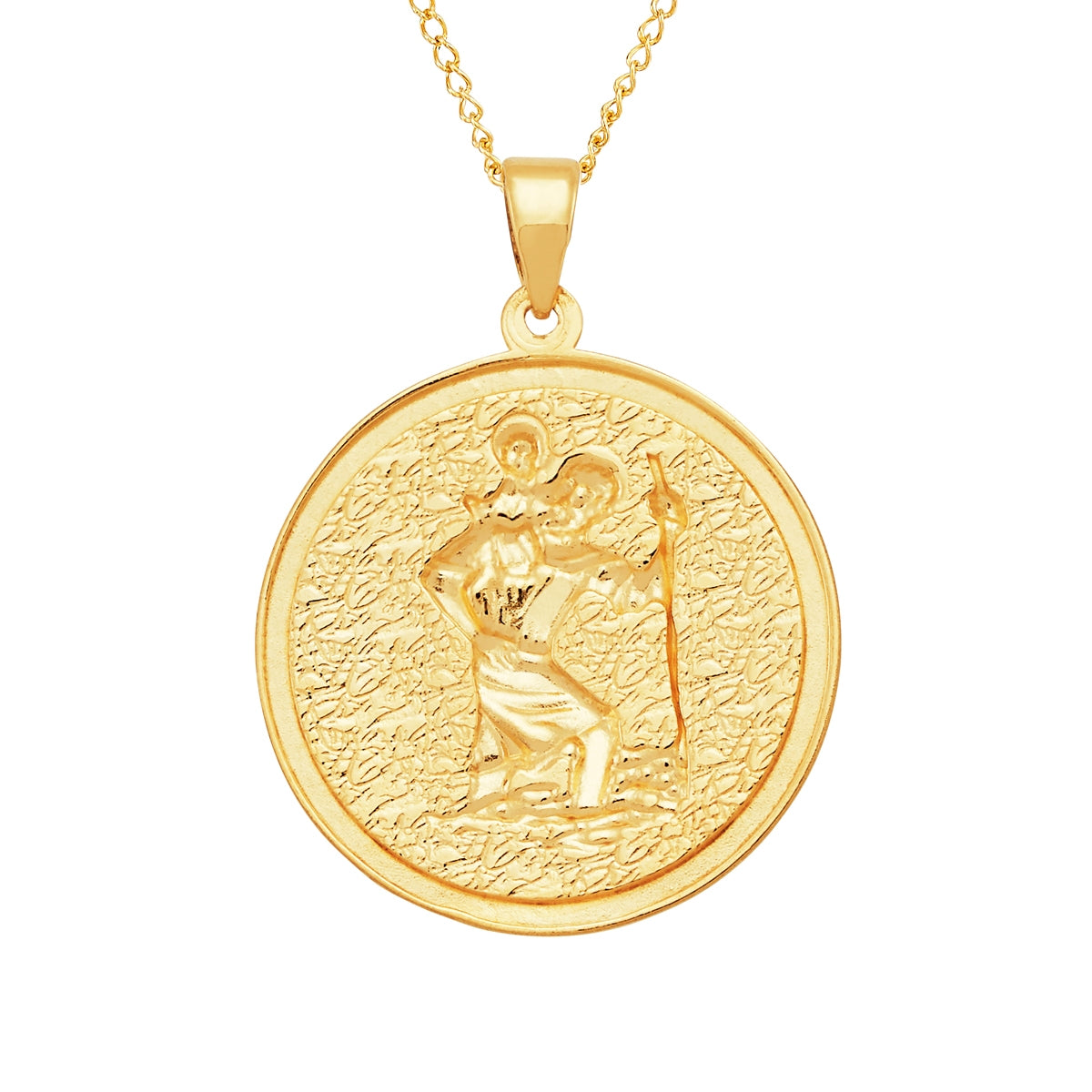 Saint Christopher Medal Pendant with Rhodium Plated Edge in 10K Yellow Gold close-up detail