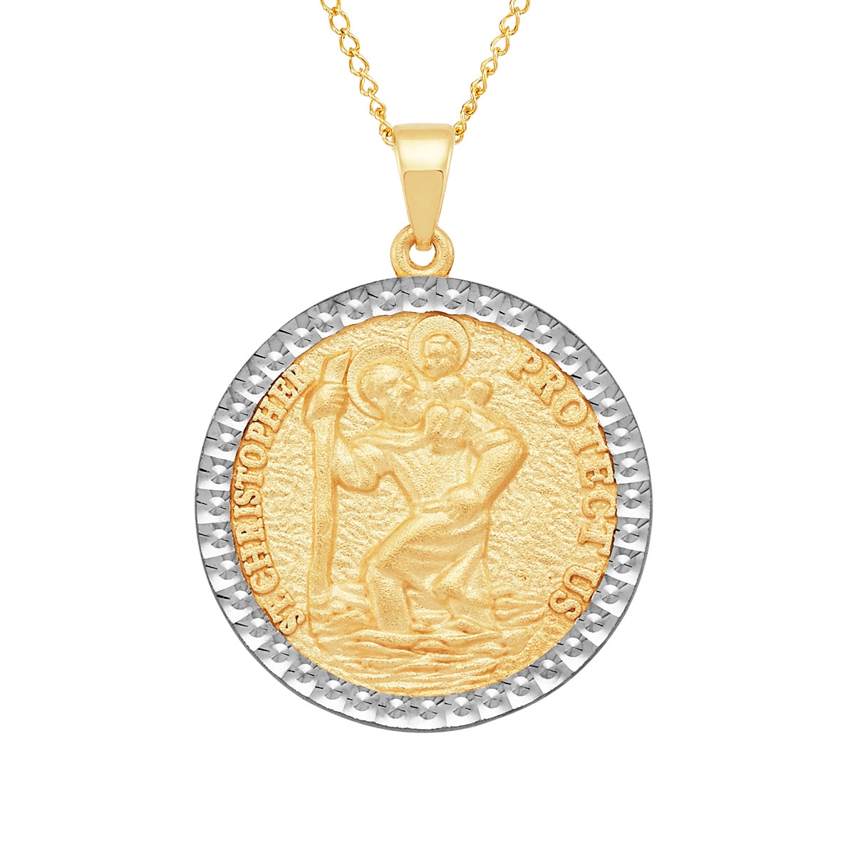 Saint Christopher Medal Pendant with Rhodium Plated Edge in 10K Yellow Gold