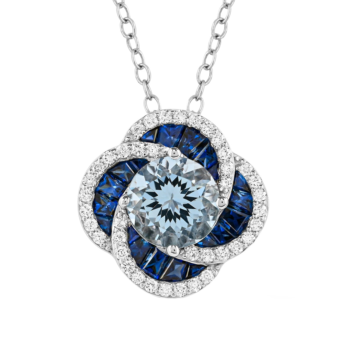 Round Aquamarine, Sapphire & 1/5 ct. tw. Diamond Floral Pendant in 14K White Gold