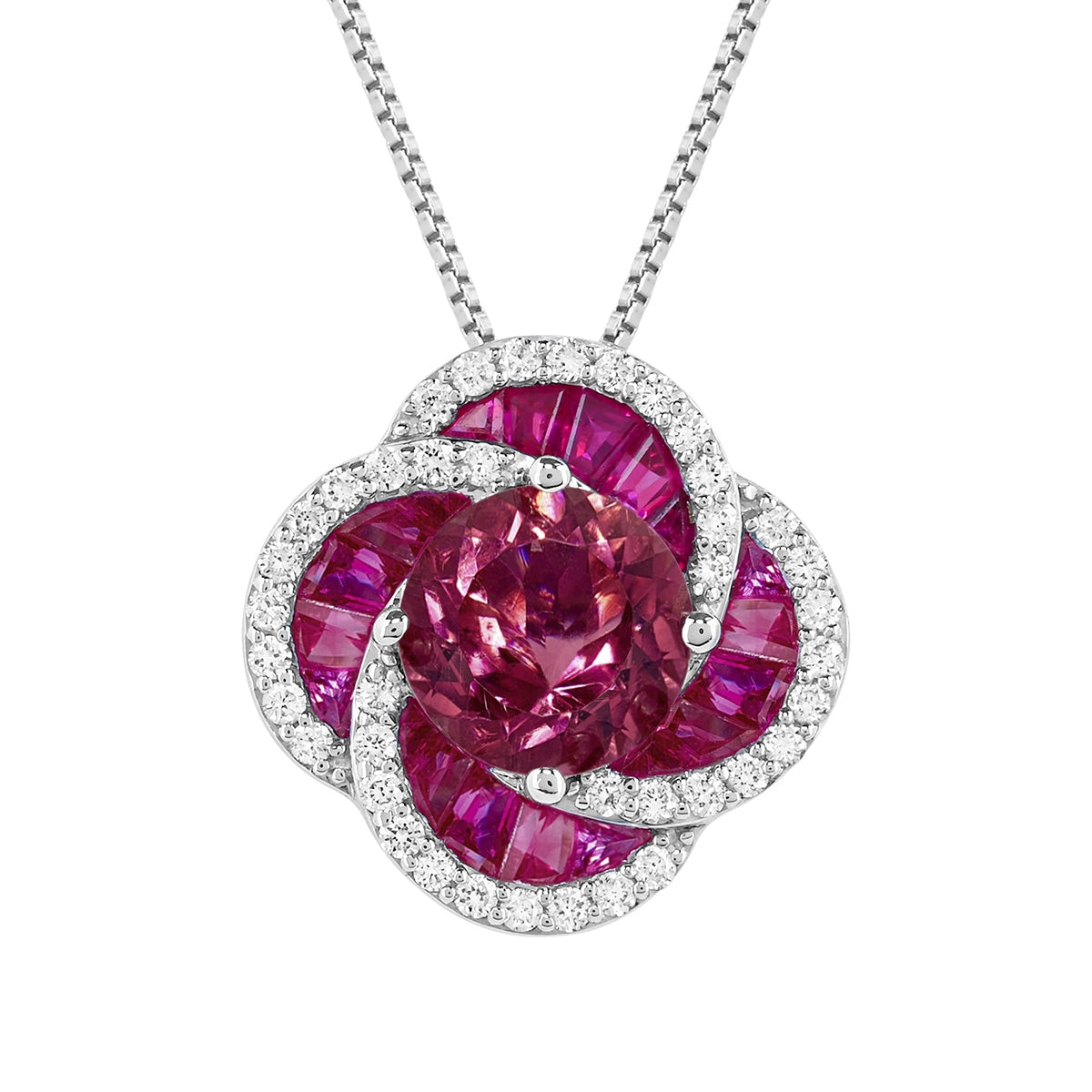 Round Pink Tourmaline, Ruby & 1/5 ct. tw. Diamond Floral Pendant in 14K White Gold