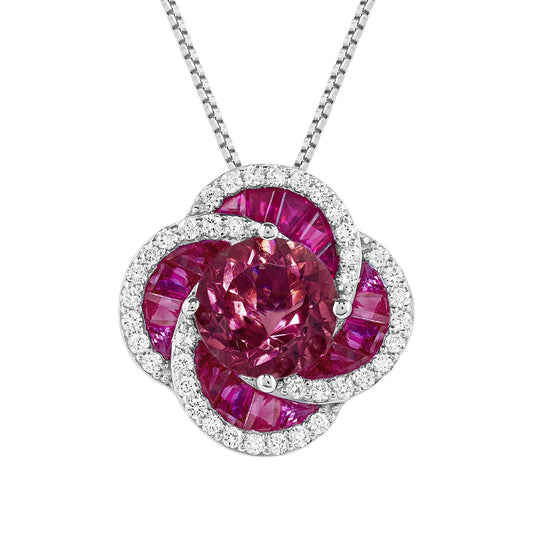 Round Pink Tourmaline, Ruby & 1/5 ct. tw. Diamond Floral Pendant in 14K White Gold