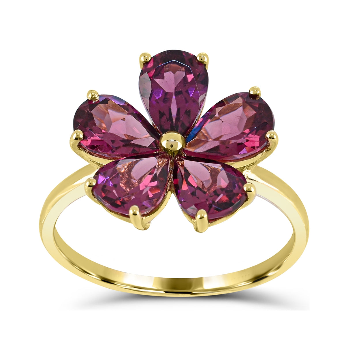 Pear Rhodolite Garnet Flower Ring in 10K Yellow Gold