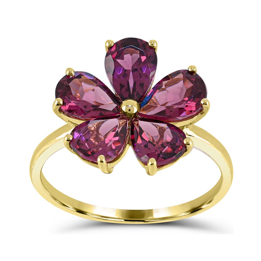 Pear Rhodolite Garnet Flower Ring in 10K Yellow Gold