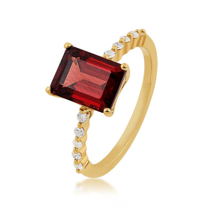 Emerald Cut Garnet & 1/6 ct. tw. Diamond Ring in 10K Yellow Gold front view