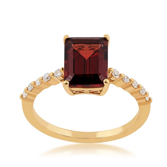 Emerald Cut Garnet & 1/6 ct. tw. Diamond Ring in 10K Yellow Gold